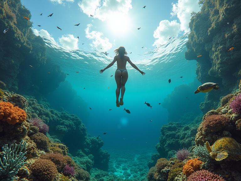 Hero GoPro 360° image capturing underwater scene. Nude woman jumping out of sea water. Vibrant coral reef with multicolored fish, sea turtles, and glowing anemones. Intricate details and bright sunlight filtering through water surface.