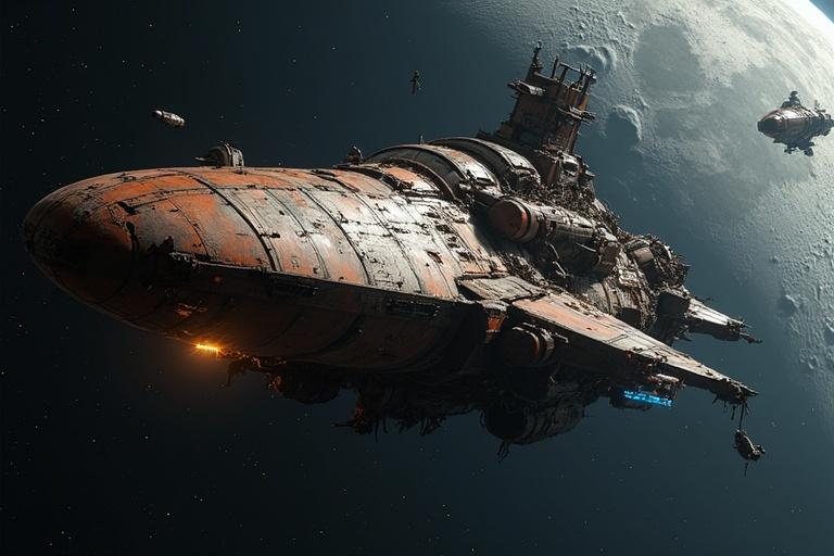 Ultra-realistic space scene shows massive old spacecraft. Ship covered in rust with burn marks visibly damaged. Hull broken with debris floating. Weak power sources glow faintly casting reflections. Nearby, sleek advanced spacecraft approaches a large cratered moon. Moon pallid with craters under soft sunlight. Contrast of decaying ship and streamlined craft illustrates past versus future.