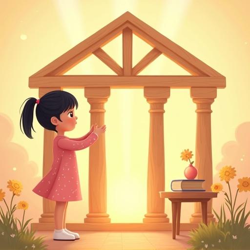 Illustration shows a girl placing a wooden column in a house structure. The girl wears a pink dress and has black hair in a ponytail. The house has four columns with one missing. As she places the column, a golden light radiates. Sparkles fill the air, and flowers bloom around. The scene is warm and peaceful.