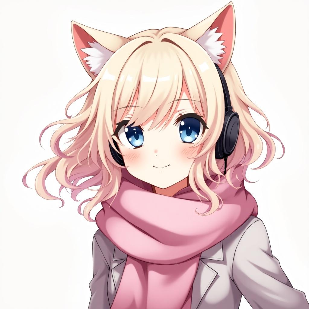 Anime character with wavy platinum blond hair with pink hue. Blue eyes and porcelain skin. Cat ears. Wearing a scarf and headphones.