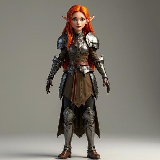 A female elf warrior featuring fiery red hair. Armor made from silver and brown materials. Leather boots with steel shins. Character stands in an A pose. Front view showcasing the full body in Pixar style.