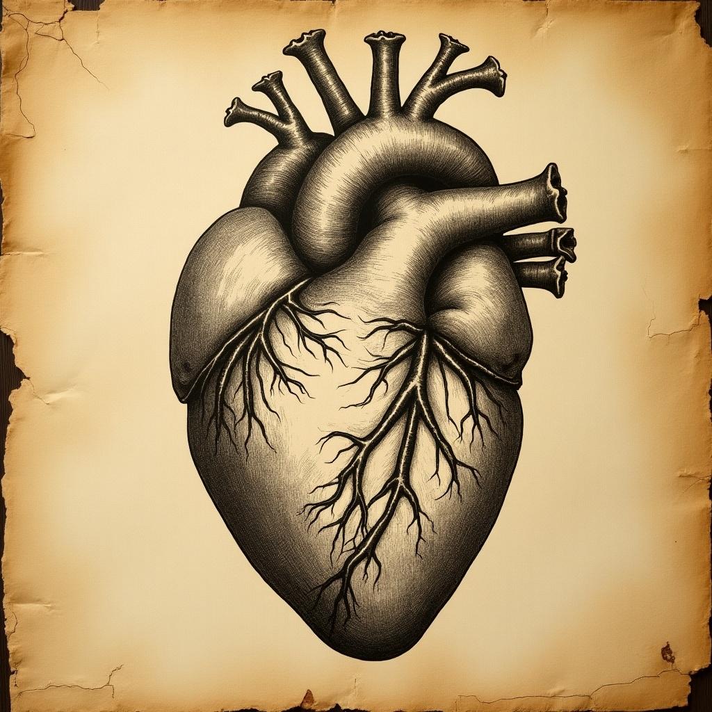 This image depicts the heart organ in a style reminiscent of Leonardo da Vinci's sketches. The heart is illustrated with intricate detail, showcasing the anatomy and structure in a realistic manner. It appears on rustic brown paper, giving it an antique feel. The background enhances the artwork, suggesting a preserved, old-world charm. This illustration might be used in educational contexts or as an art piece in a healthcare setting.