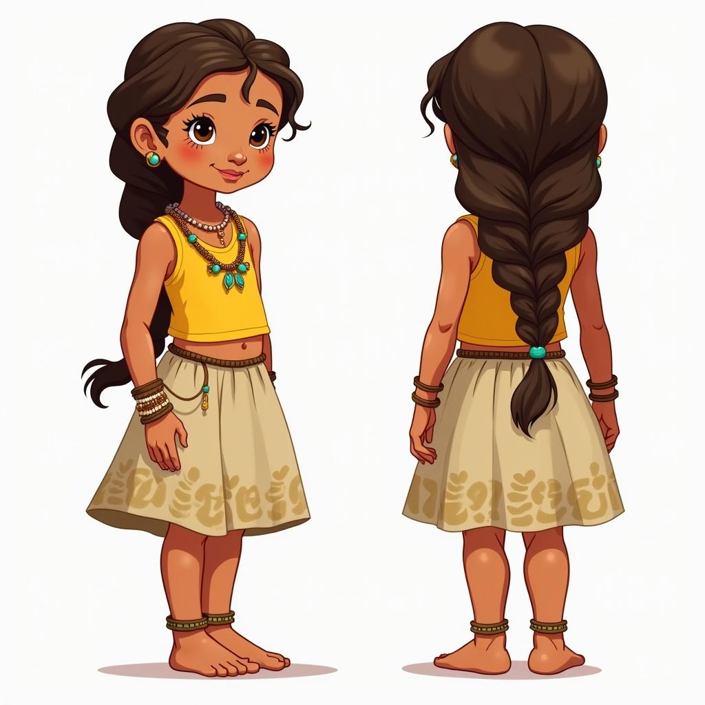 Turnaround view of a young Melanesian girl character named Nara. She has light tan skin and long brown hair in two braids. She wears a yellow sleeveless top and a beige leaf-patterned skirt. Her look is completed with beaded necklaces, bracelets, and anklets. Feet are bare and she is shown from the front side and back.