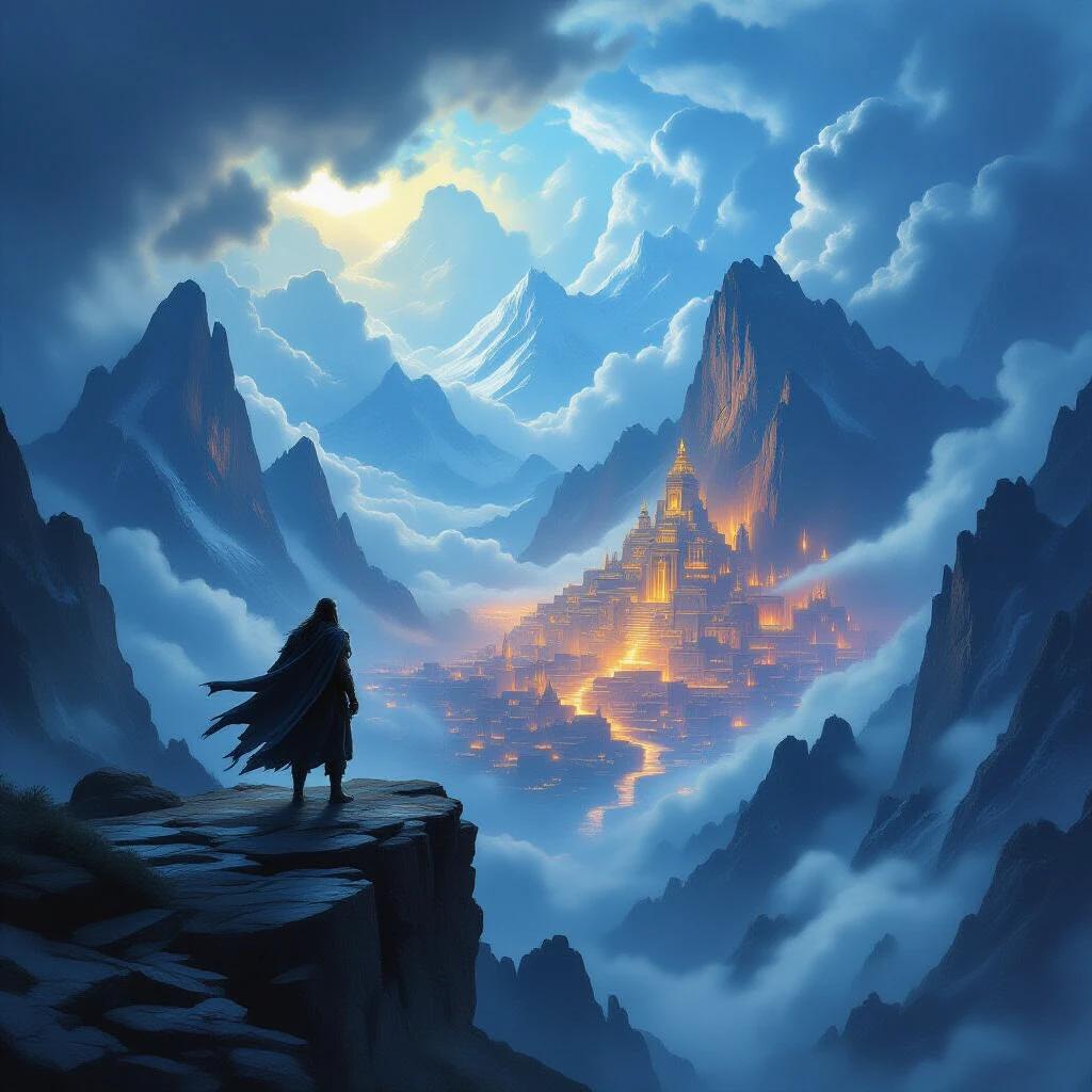 Epic fantasy scene with a hero on a cliff. Towering mountains and stormy skies in the background. Glowing ancient city in the distance. Created in an acrylic paint style. Fast-drying versatile paint used with vibrant colors. Artwork features expressive brushwork, rich textures, and dynamic compositions. Bold contrasts and layered depth are present. Artwork has a tactile quality and fluid movement with lively energy and an immersive atmosphere.