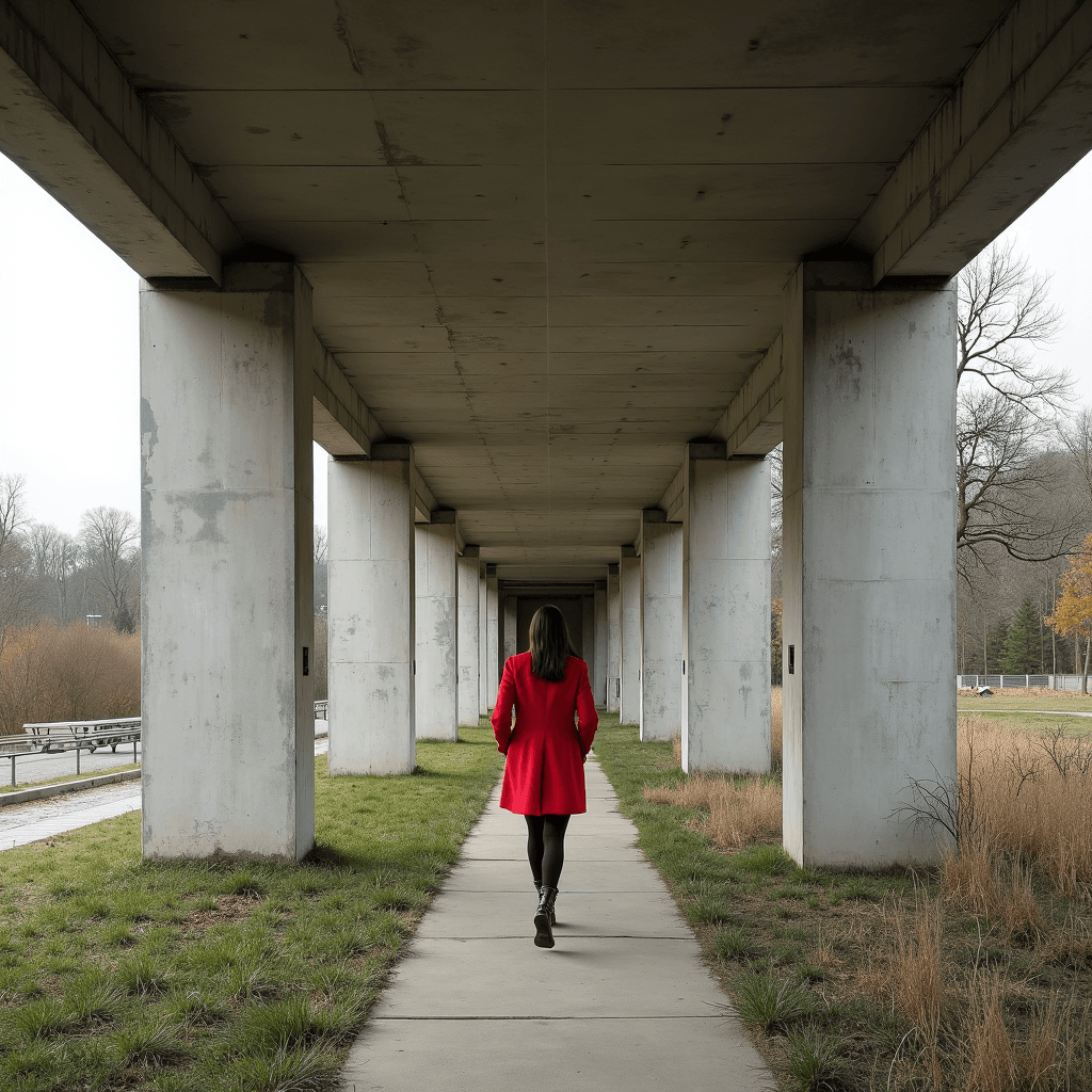 A person in a bright red coat walks along an architectural concrete corridor lined with grass.