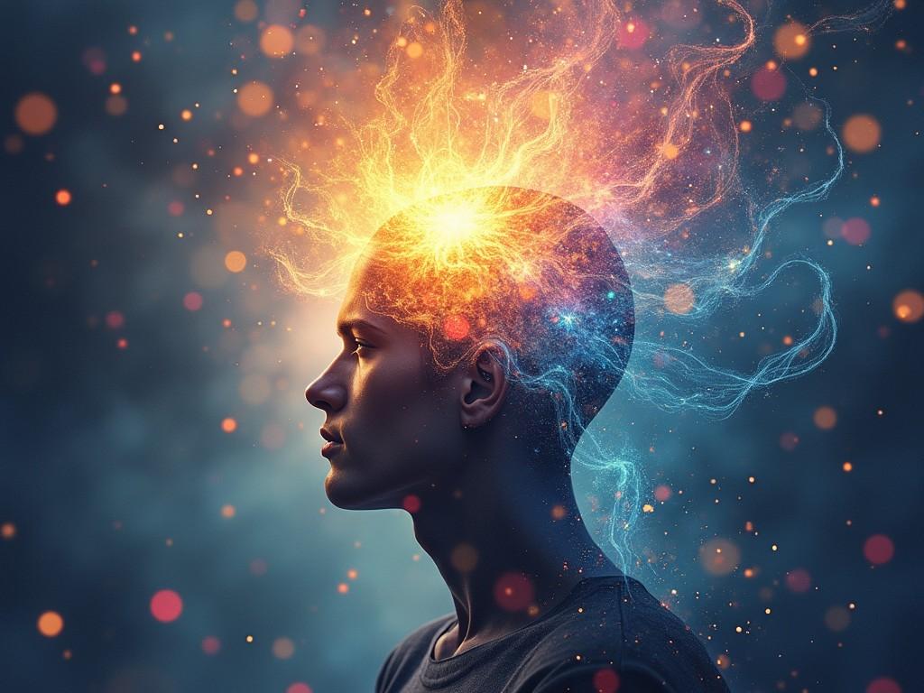 This digital art piece portrays a side profile of a person with an explosion of vivid light resembling brainwaves emanating from their head, symbolizing creativity and inspiration. The background is a soft blur of blues and oranges, enhancing the impression of thought and energy flowing dynamically.