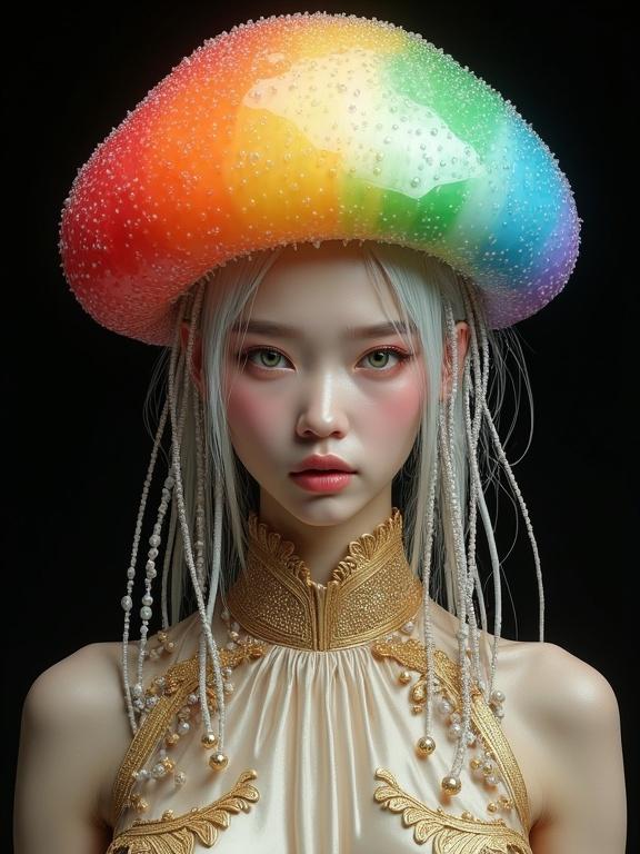 Digital artwork of a young woman with pale skin. Large expressive almond-shaped eyes with green irises. Full lips with natural shade. Colorful jellyfish-like headdress in a gradient of bright colors. Tentacle-like extensions with bulbous spheres. Dressed in a beige satin-like garment with golden embroidery. Solid black background enhances colors.