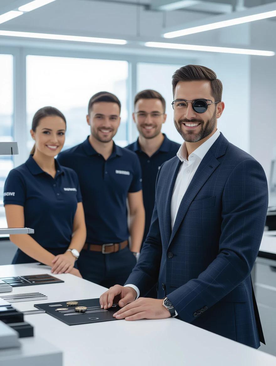 A watchmaking team of four people inside a modern workshop in 2025. Three men and one woman. One man in a tailored suit stands confidently at a watchmaking table. Precise tools are visible behind him. The three others wear neat polo shirts with a logo. They are standing naturally and smiling slightly. The environment is clean and minimal with soft lighting and natural sunlight from large windows. The image has realistic texture and is ultra-photorealistic.