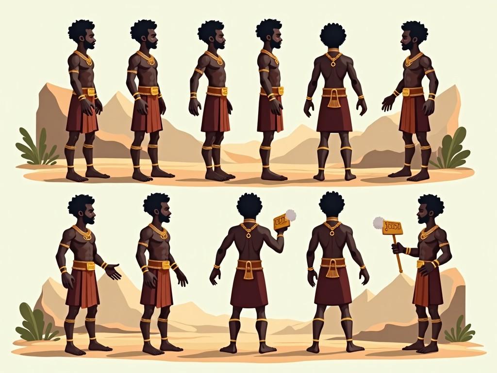 The image depicts a character design of a black ancient warrior. He is shown in multiple angles showcasing his strong physique and traditional attire. The warrior has short black afro hair and is adorned with jewelry, standing barefoot on a light-colored background. The setting features mountains and sparse trees, allowing the character to be the main focus. Various poses include standing straight, running frame by frame, and in dynamic battle stances. This design reflects a blend of strength and cultural heritage, ideal for animation and gaming purposes.