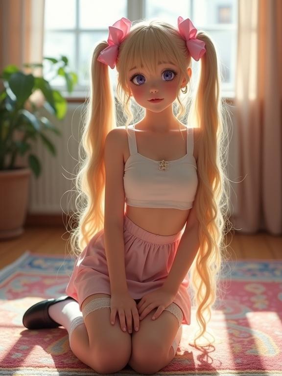 A teen with long blonde twin tails and pink bows kneels on a colorful rug in a soft-lit living room. She’s wearing a short crop top and a pale pink skirt, thigh-high socks, and simple black shoes. Beautiful face and features.