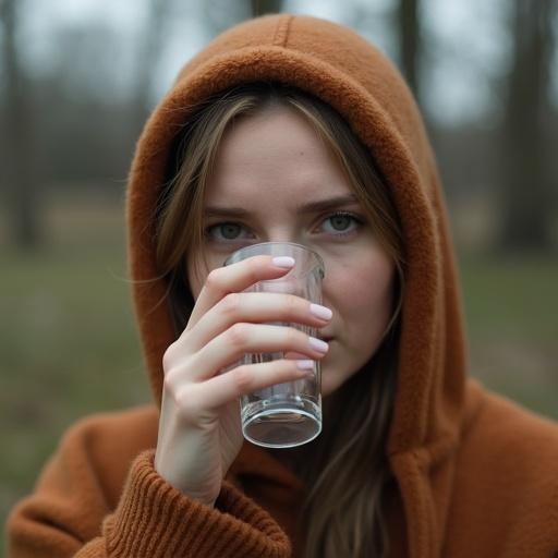 Person drinking water wearing brown clothes in a natural setting. Soft lighting enhances the mood. Focus on facial expression and glass.