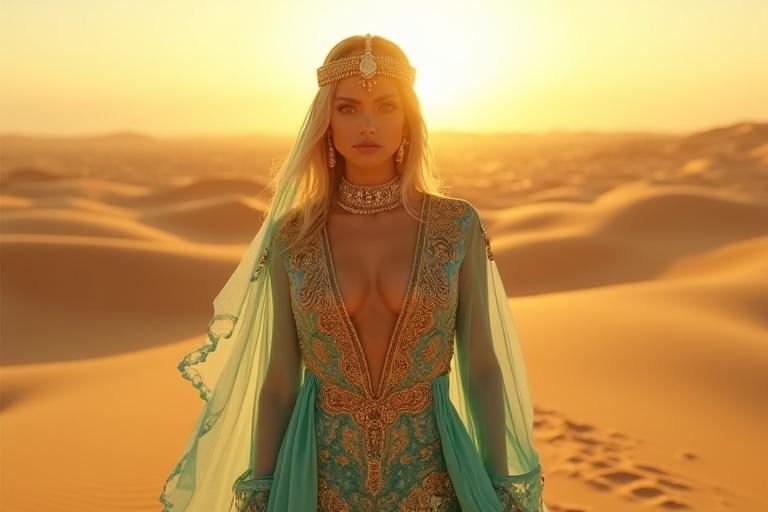 Wide cinematic shot of a vast golden Arabian desert at sunrise. A tall woman in turquoise Arabian princess-style outfit highlights ornate gold embroidery and sheer overlay pants with intricate floral patterns. The deep V-neckline is bordered with gold trim. She wears a bold jeweled headpiece while walking alone in the sand. Calm and focused expression enhances the serene atmosphere of the desert dawn.