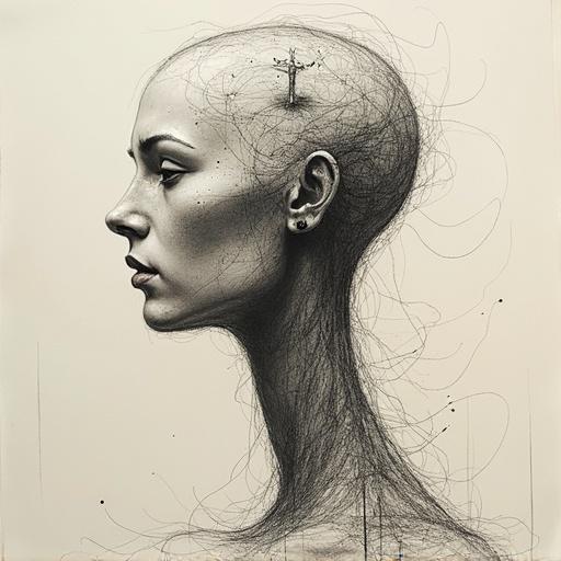 Surreal sketch featuring a female profile with abstract elements. Hair transforms into delicate lines and shapes. A tree grows from the top of the head. Evokes thought and imagination.