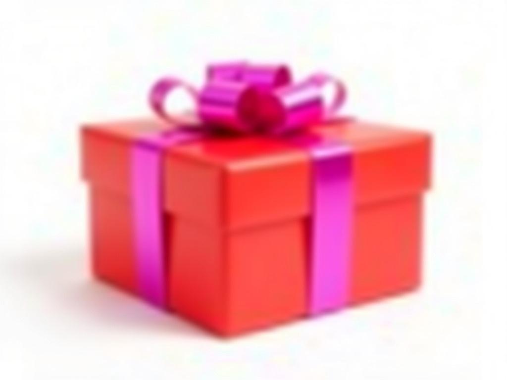 A bright red gift box sits elegantly, adorned with a vibrant pink ribbon tied neatly in a bow on top. The box has a smooth texture, reflecting light softly. The pink ribbon contrasts beautifully with the red of the box, making it eye-catching and festive. The background is plain white, which enhances the vivid colors of the gift. The angle of the box is slightly tilted, giving a dynamic appearance.