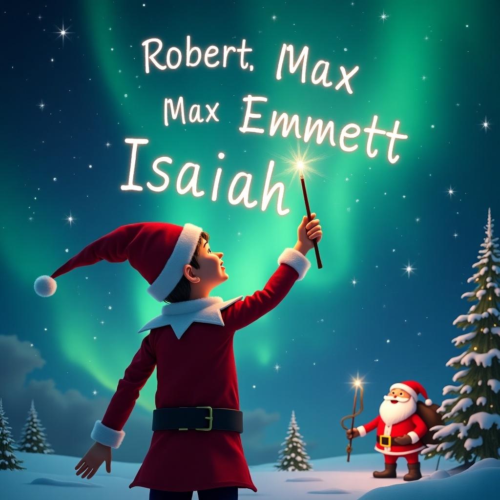 Elf character facing colorful sky with magical northern lights. Using wand to write names in the air. Features Santa in the background. Names written include Robert, Max, Emmett, Isaiah.