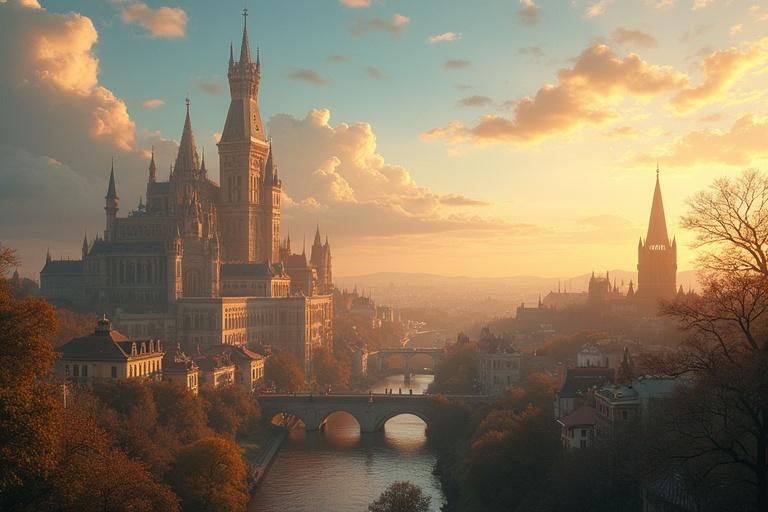 Capture a sweeping view of a magical antique city with grand castles under a bright sunny sky. The rivers and trees frame the stunning architecture.