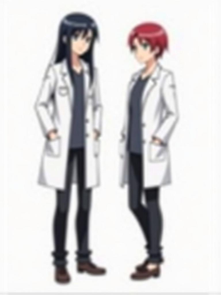 Anime doctors are depicted in lab coats. One character has long black hair and the other has short red hair. Both wear black pants and shoes. They show a neutral expression and stand side by side.