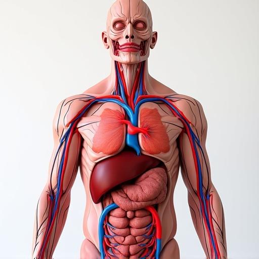 Detailed anatomical illustration of a human body focusing on the vascular system. Shows organs and major blood vessels clearly. Bright colors are used to indicate different body systems. Educational context for anatomy studies.