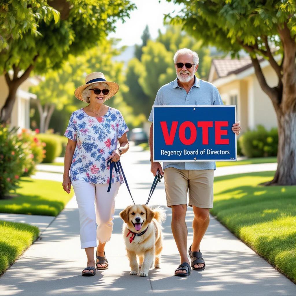 Elderly couple walks their dog in a California neighborhood. Summer clothes visible. Blue sign displays Vote in red. Words Regency Board of Directors in white. Man holds dog's leash. Friendly dog walks beside them on sidewalk.