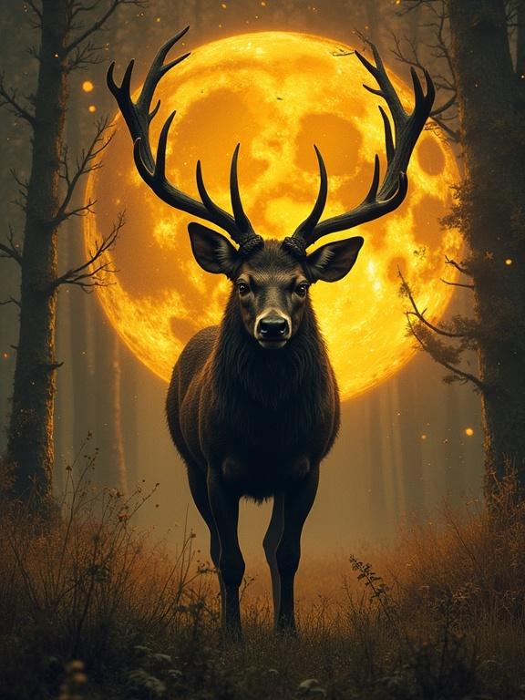A dark and mystical forest with an imposing deer. A large full moon illuminates the scene enhancing the eerie and supernatural vibe. The deer stands prominently with antlers spread wide creating a sense of power. The background features shadowy trees and a foggy atmosphere, evoking a haunting feel.