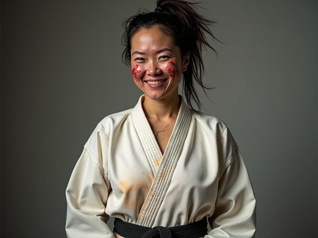 Portrait of an athletic woman with an asymmetrical hairstyle wearing a karate gi. The gi shows dirt smudges. Woman has bruises on her face and blood on her nose. She is smiling and exhausted with hands on her belt. Full body image.