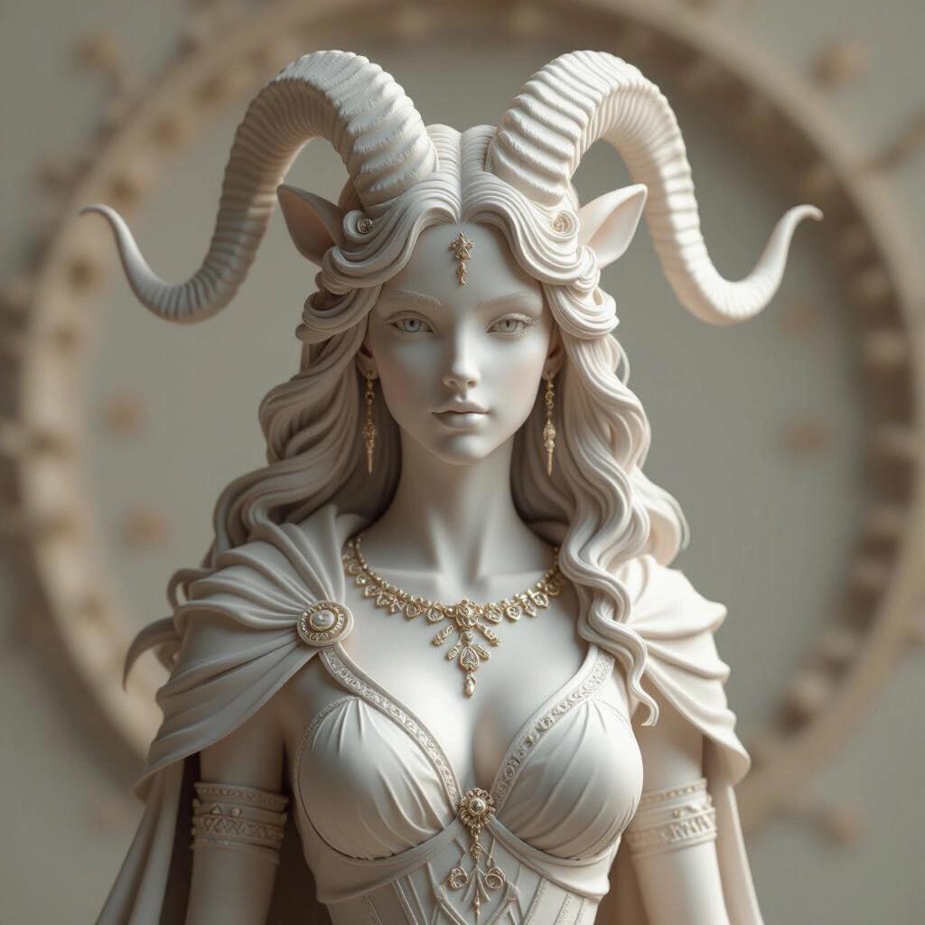 Ultra-detailed 3D figure of a Capricorn-inspired zodiac goddess. The figure has intricate features, long hair, and large horns. A majestic presence and ornate jewelry adorns her, representing Capricorn traits.