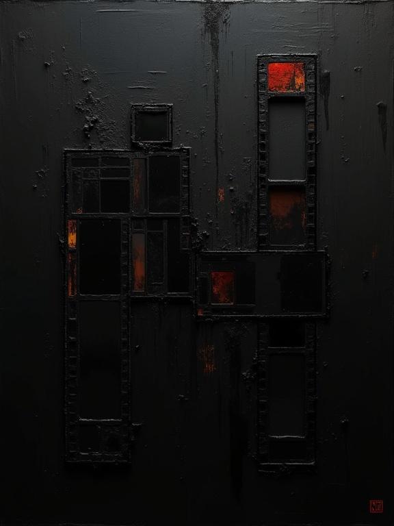 Digital artwork featuring a black background. Harsh visible paint strokes. The composition includes cubist and unfinished elements. Flat colors combined with dynamic silhouettes. Minimalism is evident with repeating voids shaped like film negatives. Shadows blend with cubist edges resembling film strips. There are faint hints of biological corrosion amid a distressed texture.