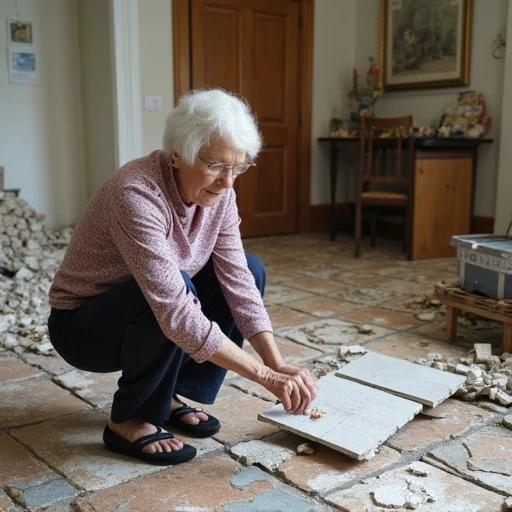 A woman kneeling on the floor salvaging ceramic tiles. The setting is a home with a rustic charm featuring old tiles scattered around. Focus on the woman's hands and the tiles being salvaged with care.