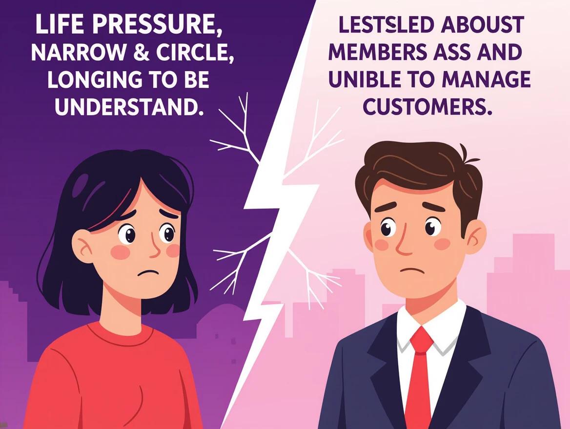 2.5D illustration. Lonely young person with sad expression representing life pressure and narrow social circle. Businessman with worried expression stressed about members and unable to manage customers. Lightning bolt separates them. Characters positioned at extreme left and right edges. Translucent pink and purple gradients background.