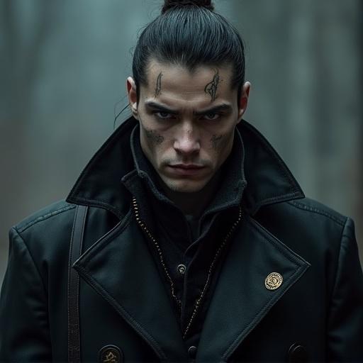 A dark and mysterious figure stands in a low-lit environment. Sharp, brooding features. Piercing gray eyes with an unnatural glow. Dressed in dark leather, heavy coat with golden runes. Tattoos shimmer in the light. Holds twin curved shortswords. Voice smooth and authoritative.