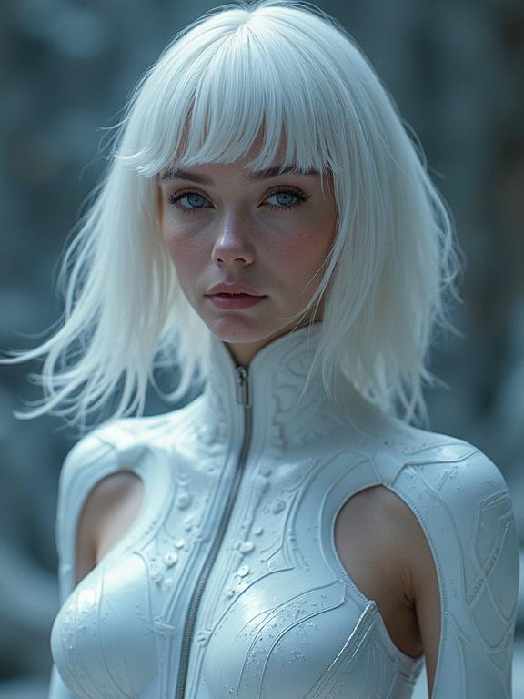 Futuristic sci-fi character portrait of a woman with white hair in form-fitting swimsuit. Hyperrealistic lighting and atmosphere. Incorporates RGB LED effects.