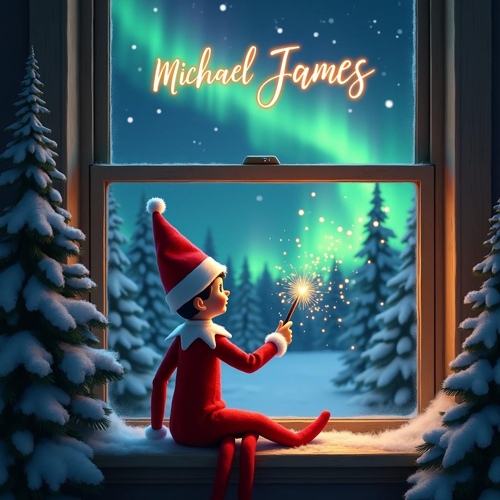 The image showcases an elf on the shelf perched on a windowsill, captivated by the enchanting northern lights above. The elf is using a wand to create magical sparks, illuminating the window. He wears a festive red outfit with fluffy white trim, embodying the Christmas spirit. Around him, pine trees are blanketed in snow, creating a beautiful winter scene. Above the elf, the name 'Michael James' is elegantly written in sparkling letters, adding a personal touch to this magical moment.