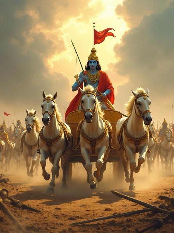A mythological battle scene from Mahabharata. Centered chariot pulled by white horses on dusty battlefield. Lord Krishna with blue skin is charioteer holding reins. Beside him warrior Arjuna in golden armor aiming bow. Dramatic sky with glowing clouds and sunlight. Battlefield with fallen warriors and weapons. A red flag atop chariot. Atmosphere is epic and intense. Style is hyper-realistic digital painting with rich colors and emotion.