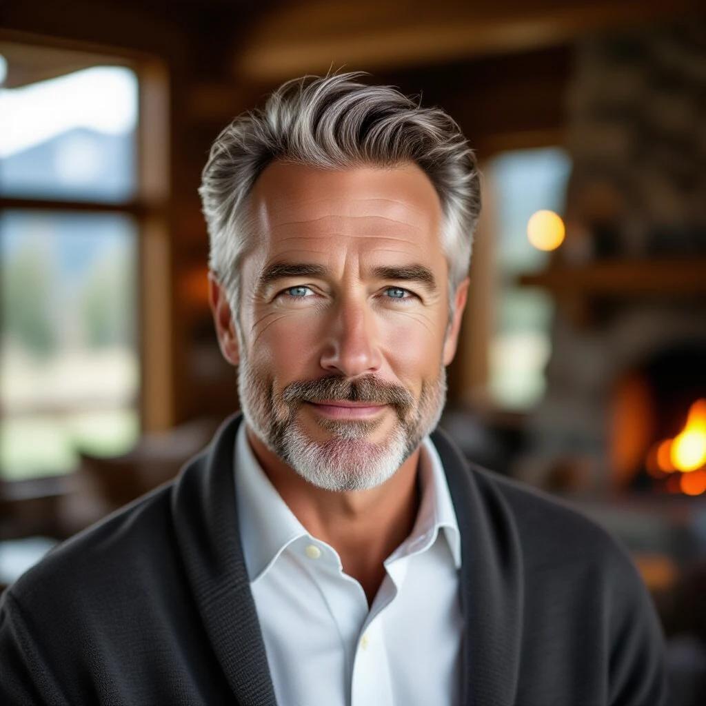Cinematic portrait of a man in his early 50s with silver hair and blue eyes. He wears a white shirt and charcoal gray cardigan. Background shows a mountain lodge with stone walls and wooden beams. Fireplace provides warm light creating an inviting atmosphere.