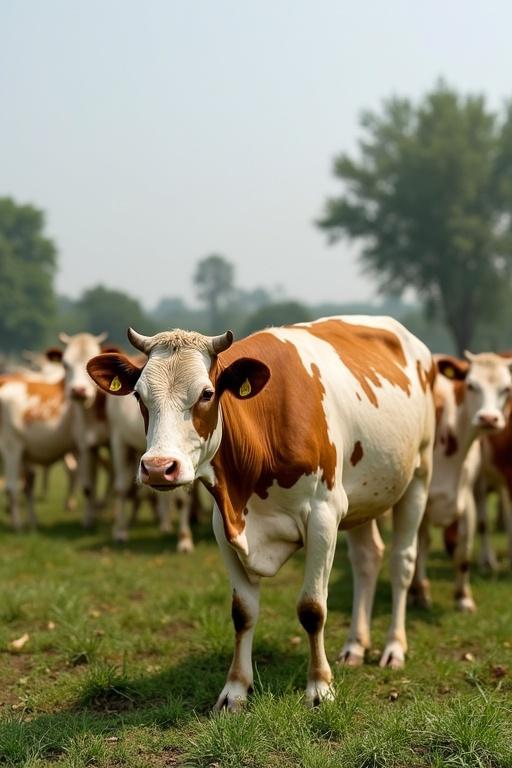 A herd of cows in a green field. The cow in the foreground has a brown and white coat. A peaceful rural setting with trees in the background.