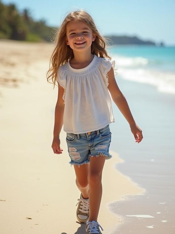 Model smiles while walking on sandy beach. She wears a light blouse and ripped denim shorts. Sneakers complete the outfit. Bright beach scenery in the background.