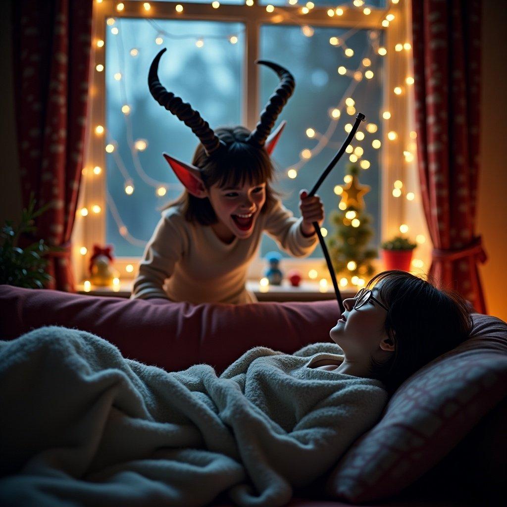 A Krampus figure with dark horns and a black whip enters a window. Focus is on the child with glasses on the couch. The child has shoulder-length dark brown hair. There are Christmas lights and decorations in the cozy room.