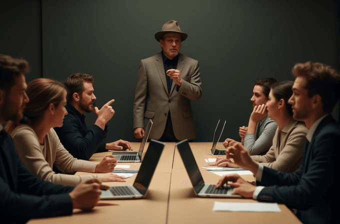 A group of people sit at a conference table with laptops, listening to a man wearing a hat and coat at the head of the table.