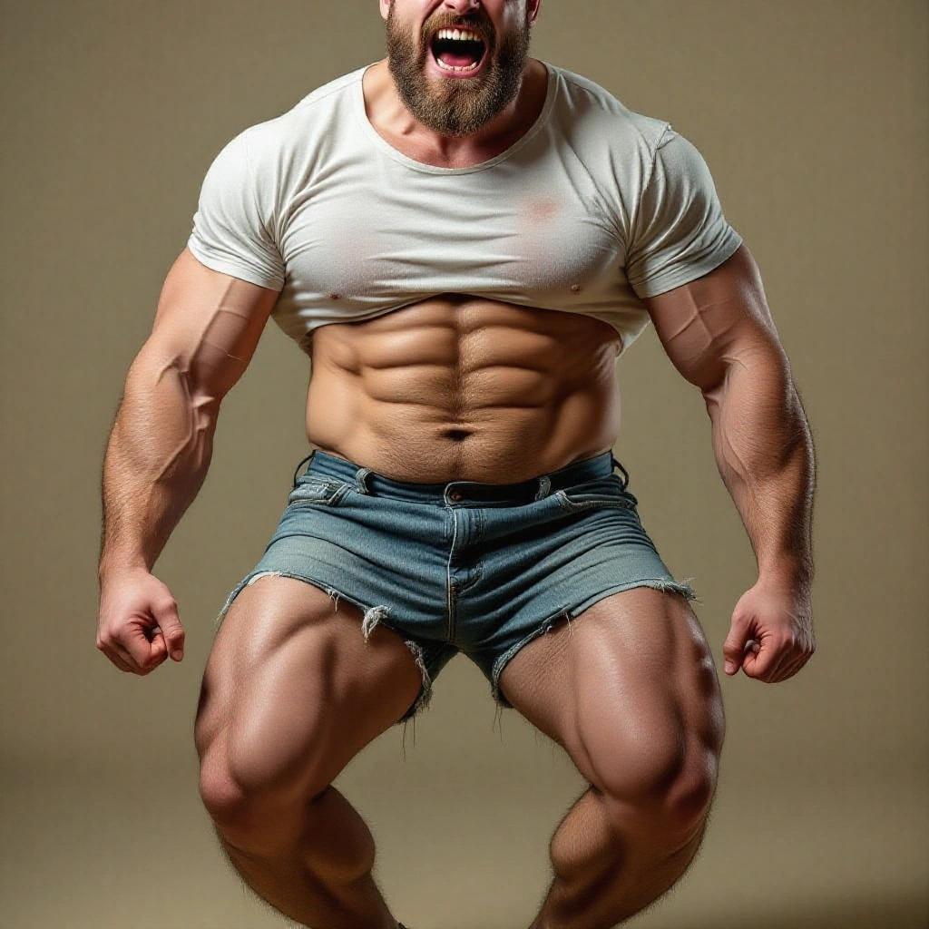 Man with muscular physique and thick thighs. Short denim shorts. Expression is aggressive. Background is light beige.