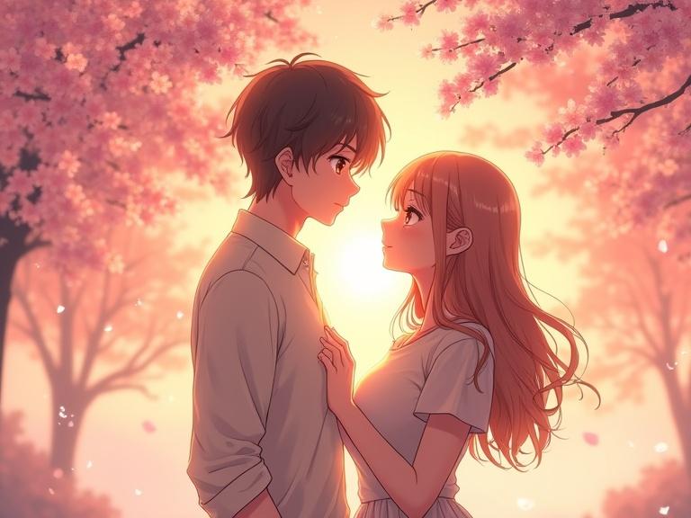 Romantic anime couple stands under cherry blossom trees. It is sunset. Soft pink petals fall around them. The boy holds the girl’s hand while they blush and smile. Warm golden light shines behind them. Highly detailed eyes and soft glowing skin are depicted. The atmosphere is dreamy, with the background filled with blooming flowers and sparkles.