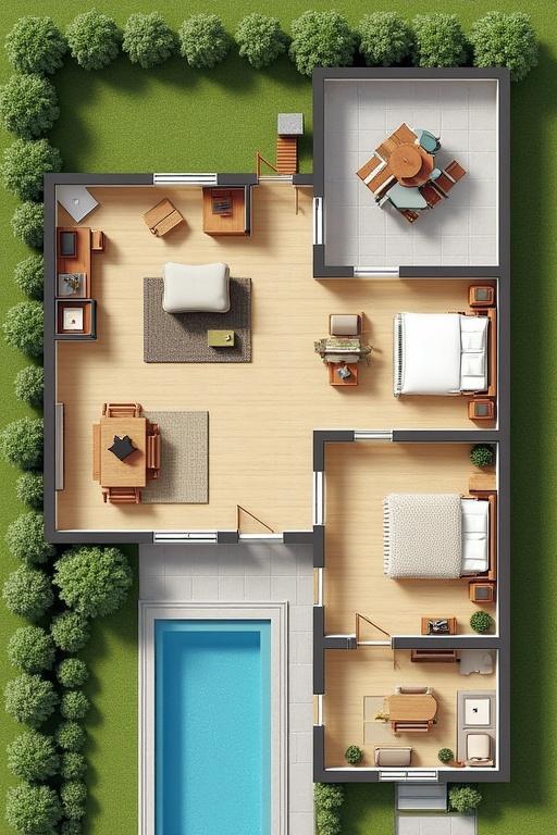 Layout plan of a 1000m² farm featuring a 150m² villa, chicken house, two sheep, and a dog. Plan shows outdoor spaces, furniture arrangement, and pool.