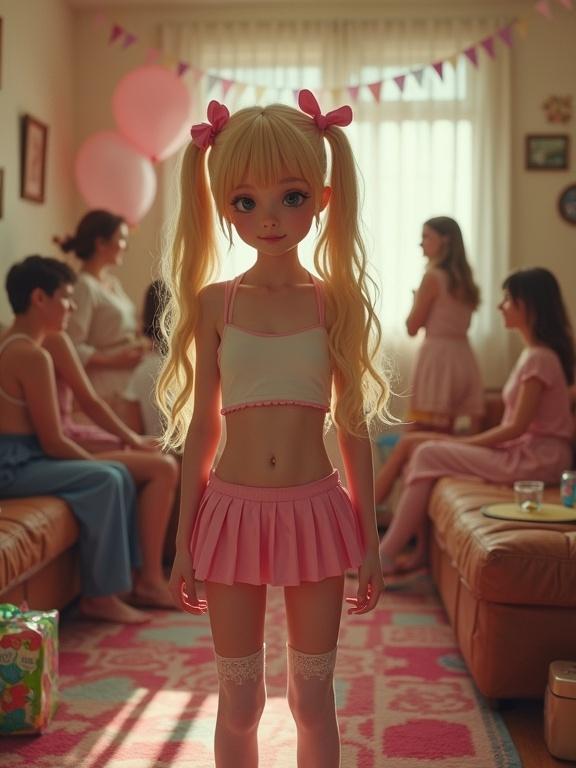 Nostalgic birthday party in a cozy living room. Youthful character with blonde twin-tails and pink ribbon bows. Dressed in playful outfit, cropped top and pleated skirt. Cheerful expression, soft feminine energy. Room filled with colorful partygoers and decorations. Bold, vibrant rug on the floor. Retro vibe with pixelated, low-resolution look and over-saturated filters.
