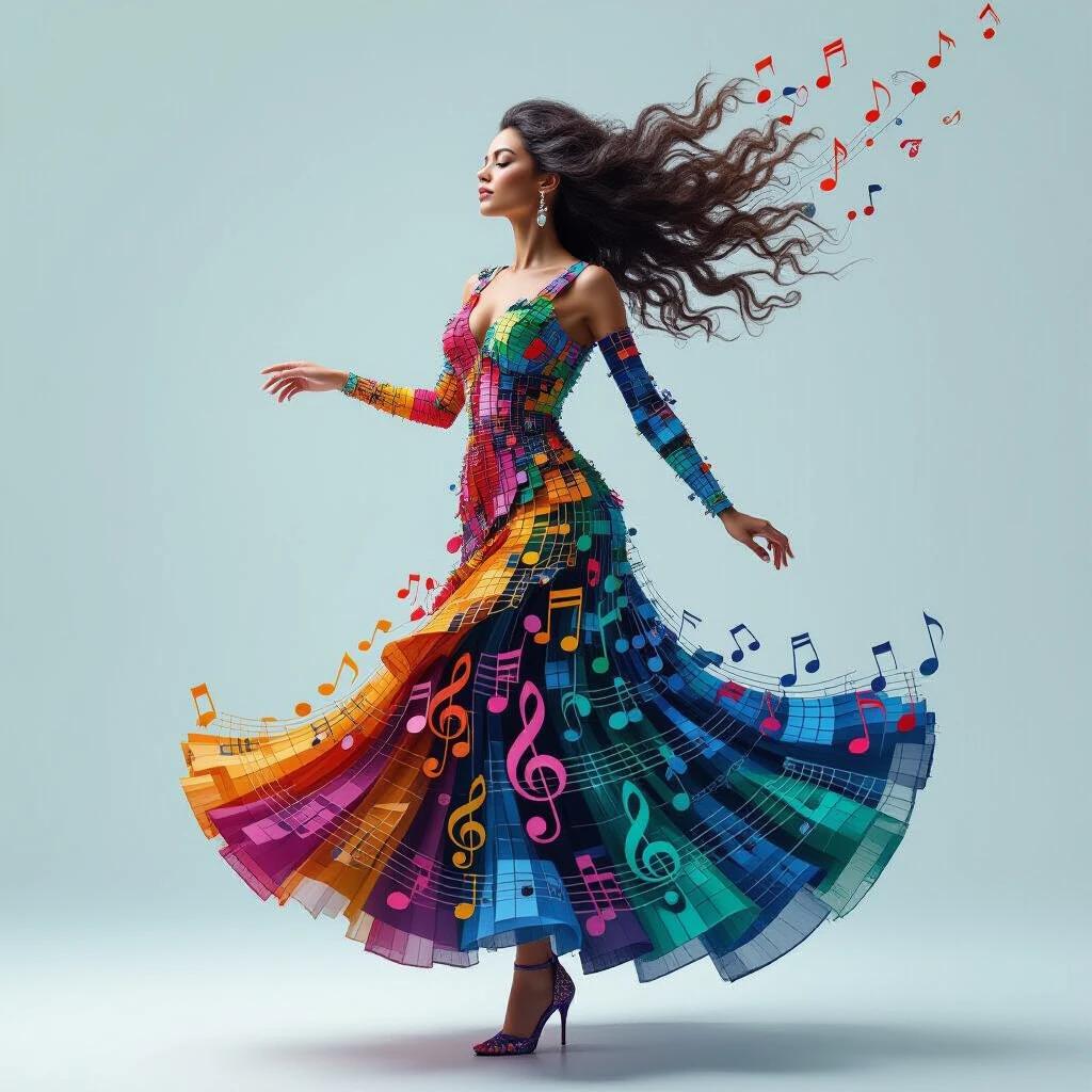 A woman in a dress made of musical notes dances gracefully. The dress is vibrant and colorful. Notes flow from the dress as she twirls. The setting is light and airy to enhance the motion.