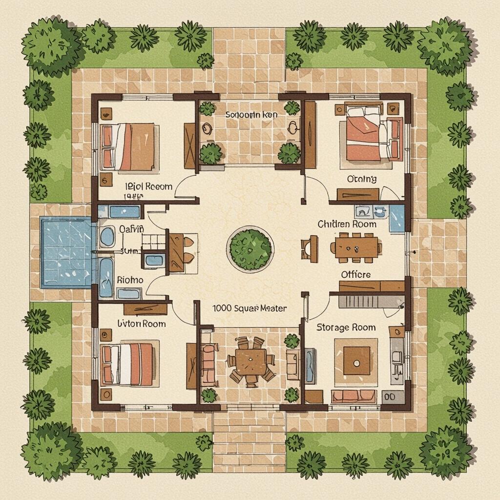 Top-down architectural floor plan of a spacious traditional Mexican hacienda-style single-story house on a 1000 square meter rectangular lot. Large central open patio of about 10 by 10 meters. Clearly shows rooms labeled: two master bedrooms with ensuite bathrooms and walk-in closets, two children's bedrooms, living room, dining room, kitchen, laundry room, office, and storage. Narrow circular mesh shade canopy around patio. White stucco walls, terracotta tiled floors, clay tile roofs, arches and wooden doors. Covered two-car garage and landscaped garden outside. Clear lines, labels, contrasting colors, bright daylight simulated.