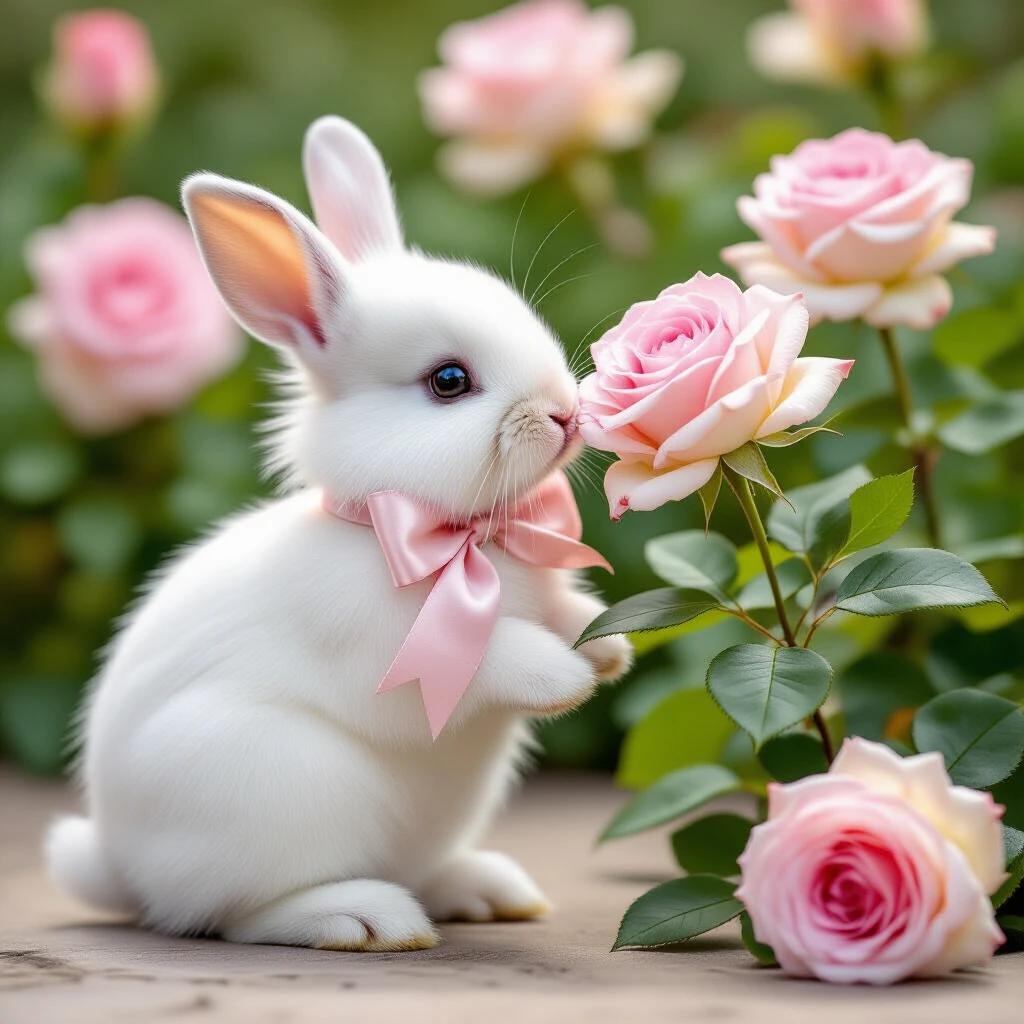 White bunny has a pink bow. Bunny stands on back legs. Bunny smells a pink rose. Surrounding are light pink roses.
