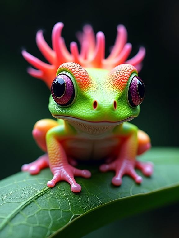 Vibrant image showcases a fantastical creature with vibrant colors. The creature is perched on a lush green surface. It combines elements of amphibians and coral reef organisms. The style is highly stylized digital fantasy art.
