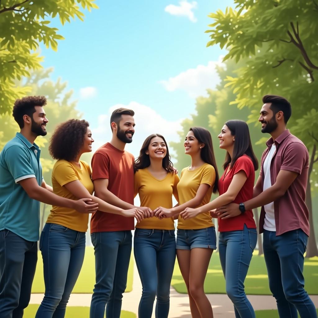 This image showcases a vibrant scene of a diverse group of friends forming a human chain. They are standing together in a park, holding hands, symbolizing unity and togetherness. Each person wears colorful shirts, adding to the cheerful atmosphere. The background features lush green trees and a clear blue sky, enhancing the sense of community. This image captures the essence of friendship and teamwork in a joyful outdoor setting.