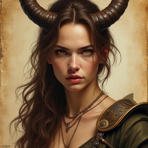 Portrait depicts a satyr woman. She has horns. Hair is brown. Eyes are golden. Character resembles a fighter. Background features worn parchment paper. Artwork is in digital format. Style matches Antonio J. Manzanedo. Theme is fantasy and semi-realistic. Overall tone is epic and suited for medieval or D&D settings.