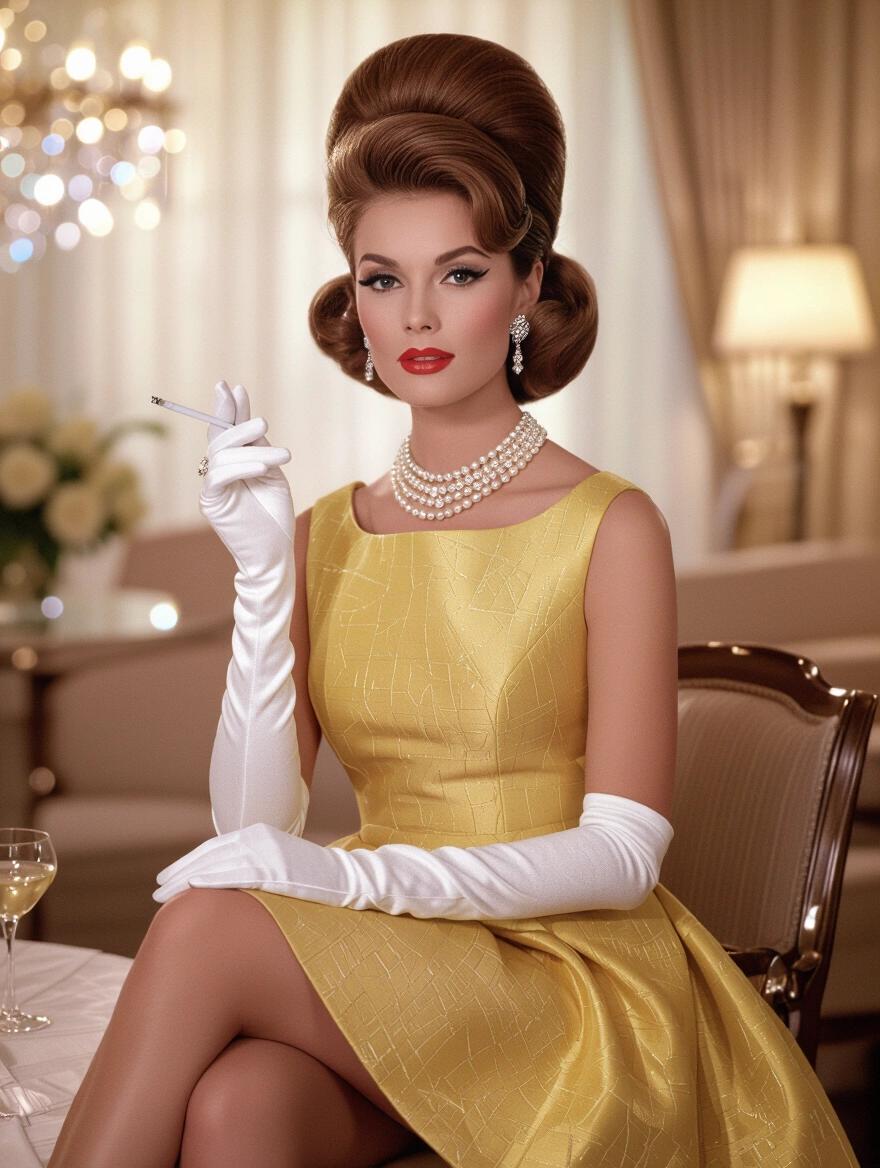 Portrait of a 1960s woman. Voluminous bouffant hairstyle. Pearl necklace and diamond earrings. Legs and high heels visible. Cigarette between fingers. Flawless makeup with winged eyeliner and ruby red lipstick. A-line dress in gold. White gloves and high heels. Glamorous cocktail party setting. Soft lighting and elegant decor. Style resembles Slim Aarons. Essence of mid-century sophistication. Focus on vibrant colors and retro glamour.