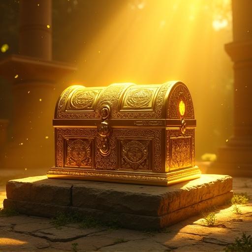 A golden arcane chest rests on a stone pedestal. It is crafted from radiant gold and covered with intricate engravings. Warm sunlight bathes the chest in golden light. The background is a subtle temple interior or forest clearing. Dust motes dance in the air, enhancing the sacred atmosphere.